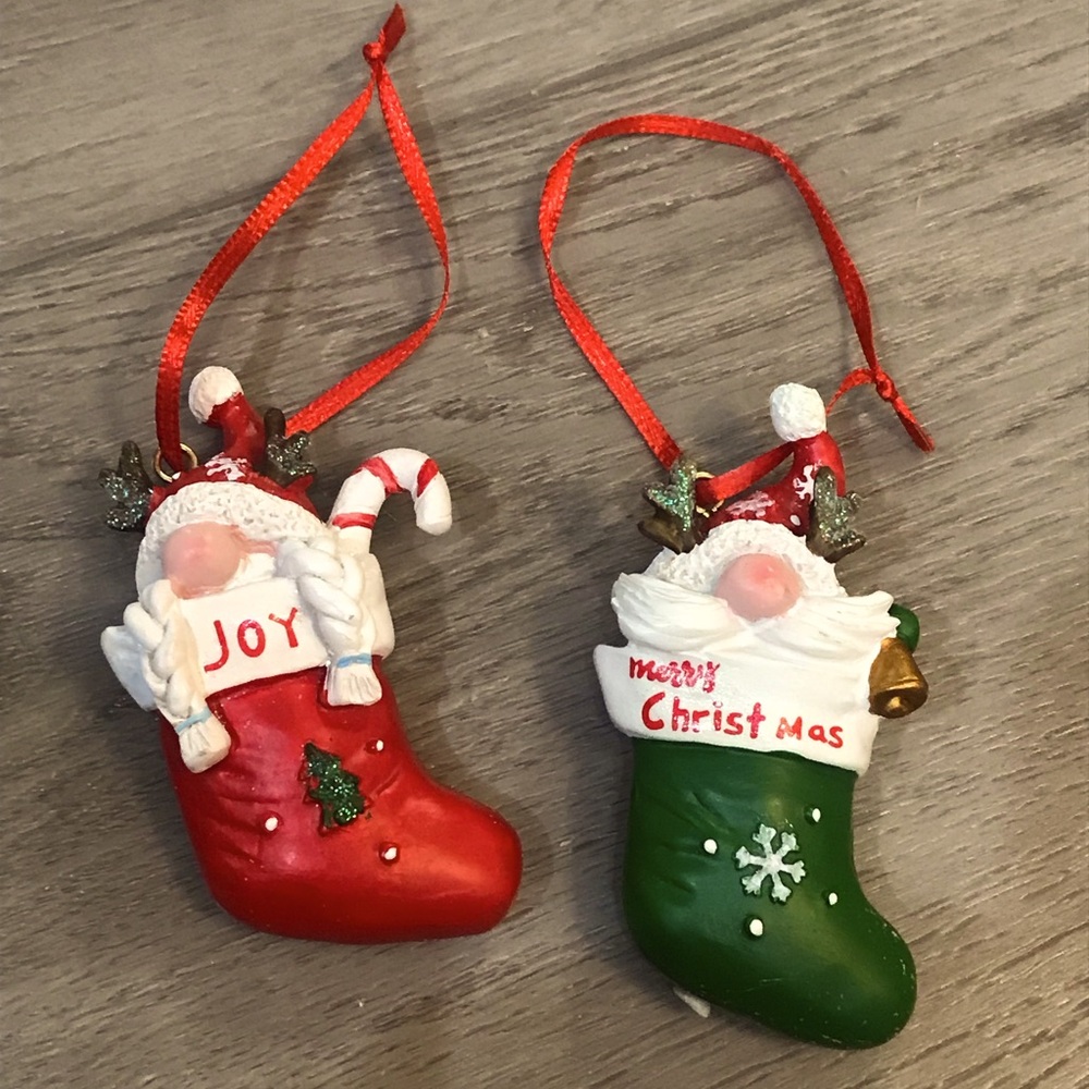 Christmas Stocking Ornaments Red Joy & Green Merry Christmas Hanging Gnome 2 Set